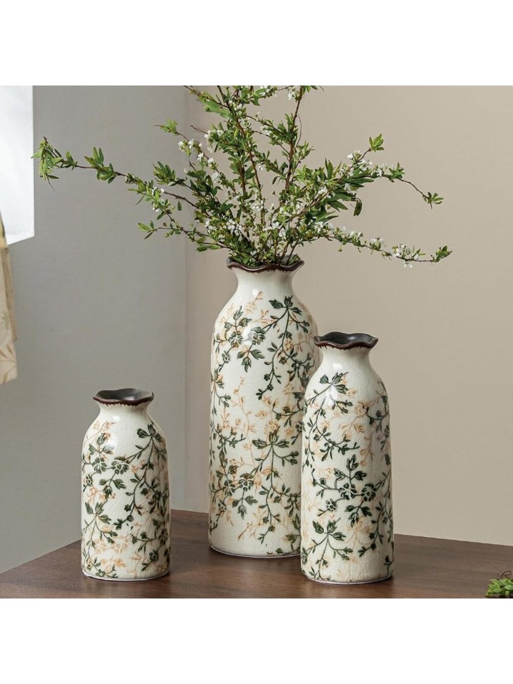 Vintage Green Ceramic Flower Vase Set for Home Decor - 6, 8, & 10 Inch Sizes